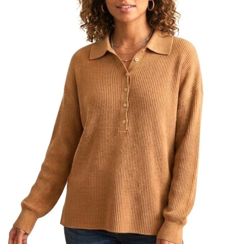 FP BEACH FREE PEOPLE Brown RIBBED KNIT Half Button LOUNGE Sweater Top Sz XS